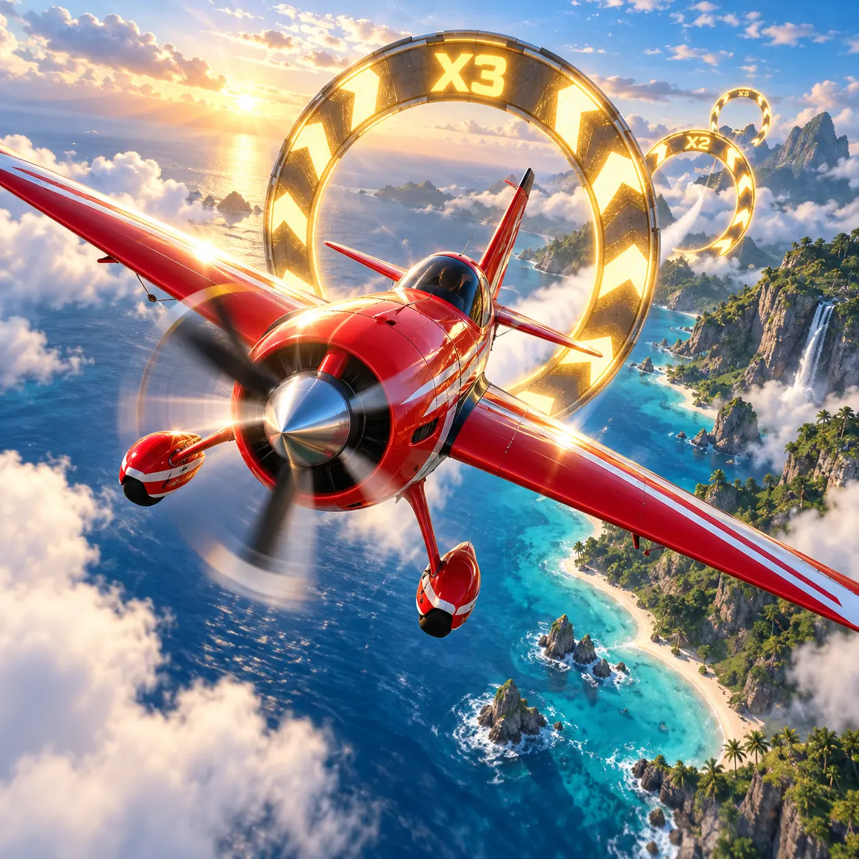 Red stunt plane flying through glowing rings
