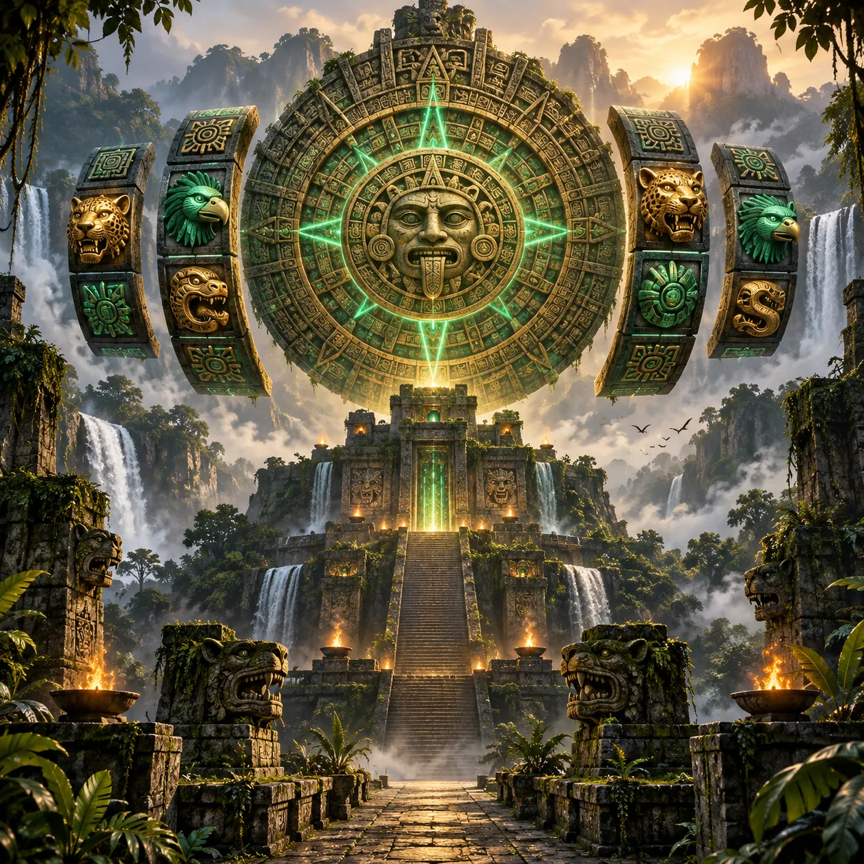 Glowing stone calendar above jungle ruins