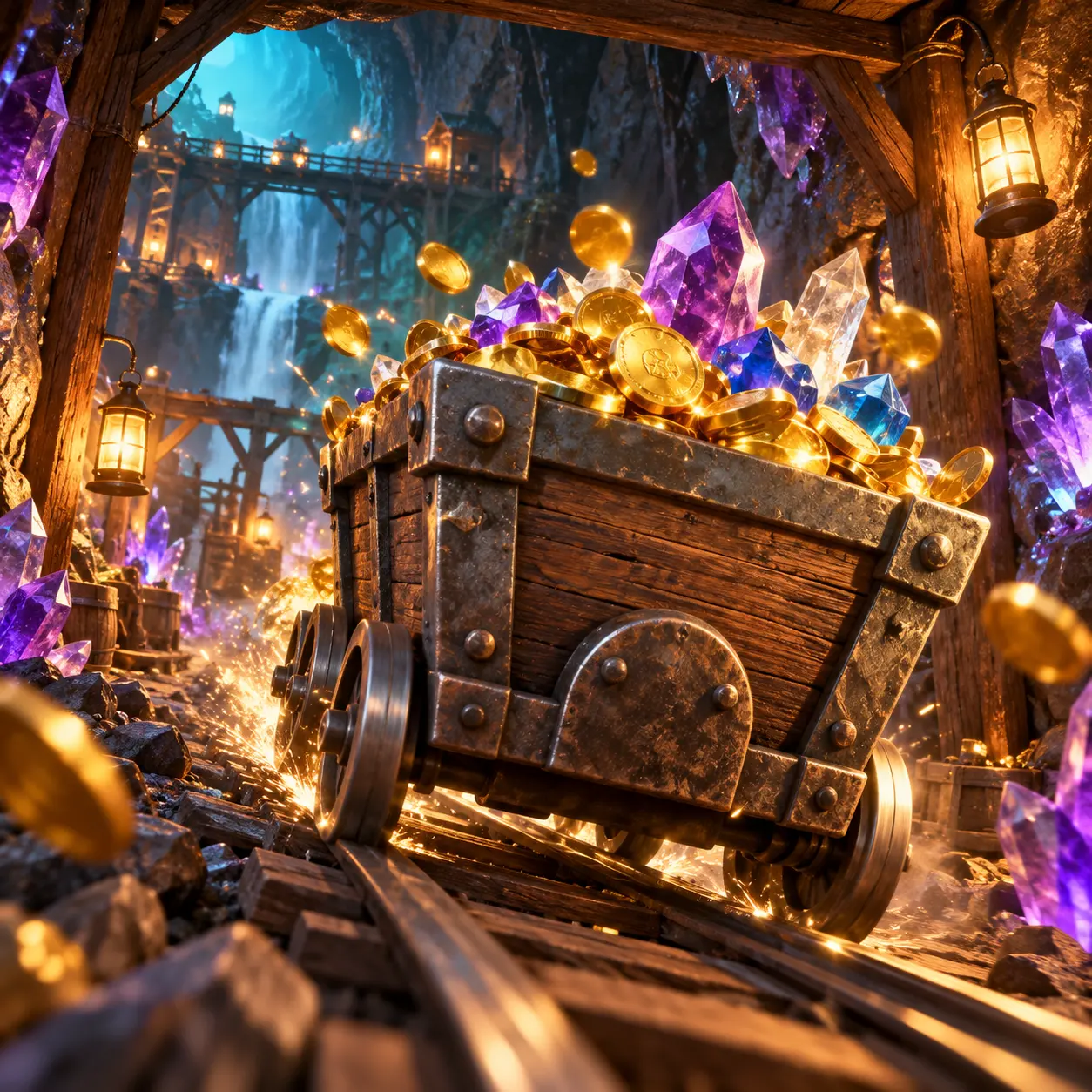 Mining cart carrying gold tokens and crystals