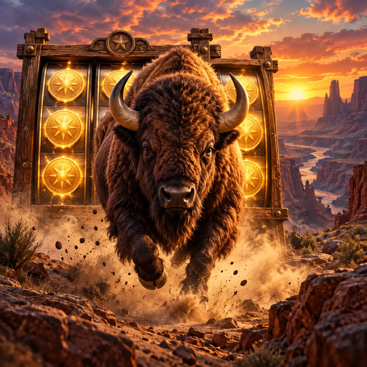 Buffalo charging in front of frontier reels