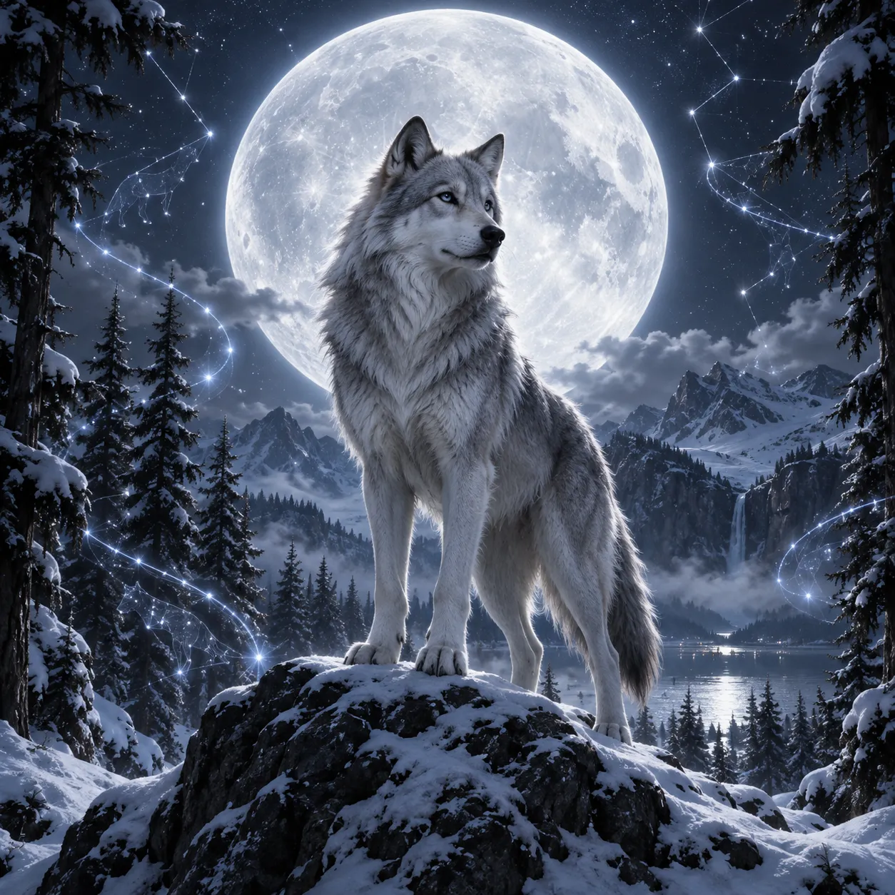 Silver wolf beneath a full moon