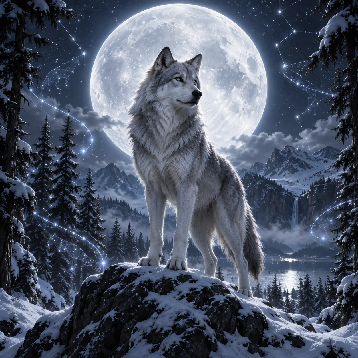Silver wolf beneath a full moon