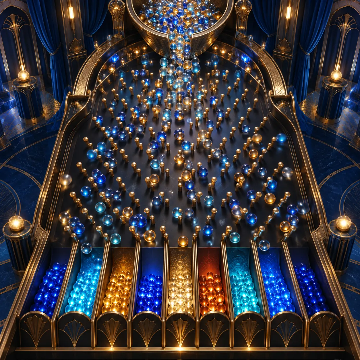 Glass balls falling through a brass plinko board