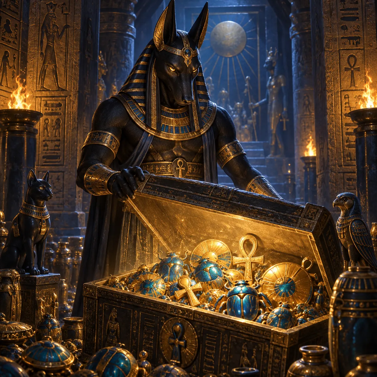 Anubis guardian opening a treasure chamber
