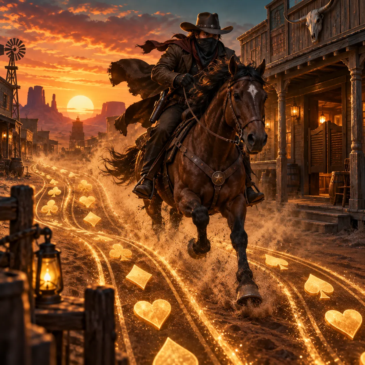 Masked rider on a frontier street